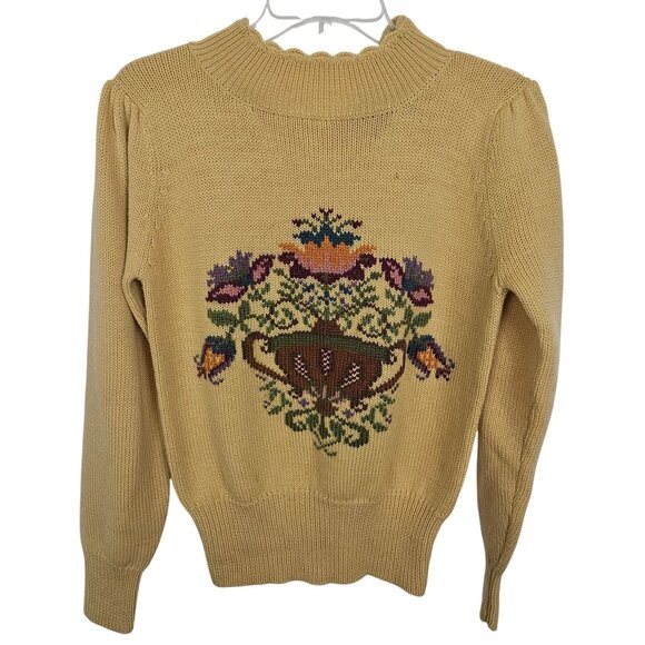 VTG HermanGeist Womens S Sweater Embroidered Floral Mustard Wool Warm Grannycore - Picture 1 of 14
